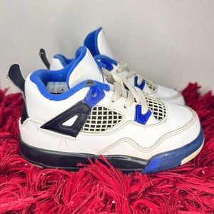 Youth Boys White Blue Air Jordan 4 Retro ‘Motorsports” Shoes Sneakers Size 8c